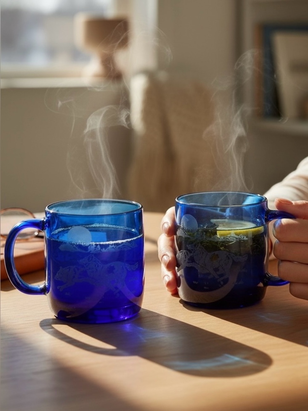 Luminarc Cobalt Etched Running Wolf Mugs Set Of 2 Blue Coffee Cups
